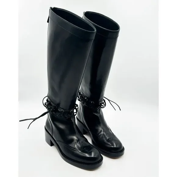 Chanel Knee High Boots Cap Toe Black Leather Lace Up Cutout - Picture 2 of 16